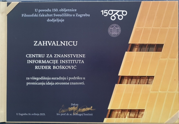 Institutu Ruđer Bošković dodijeljene zahvalnice povodom 150. obljetnice Filozofskog fakulteta u Zagrebu